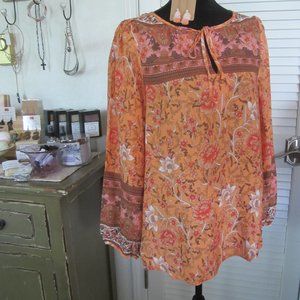Umgee - Boho Print Orange Floral Print Long Sleeve Rayon Fabric Blouse